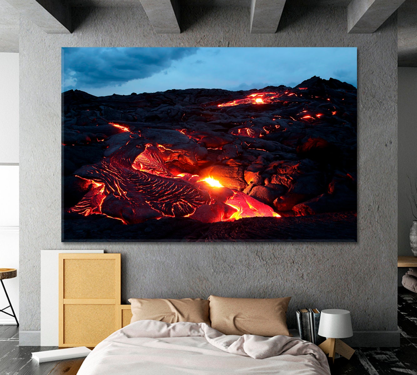 Vários fluxos de lava vermelha e magma, atrações artísticas do Havaí, pôster fotográfico de vulcões do Havaí, decoração artística da Ilha Grande, arte com vapor vulcânico