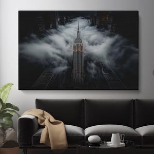 Impresión en lienzo con el Empire State Building Fog, arte de pared con el horizonte de la ciudad de Nueva York, obra de arte lista para colgar del Empire State, decoración de pared de oficina