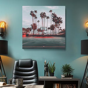 Basketball Court Canvas Print, Basketball Wall Art, Outdoor Courts Artwork, Palm Tree Basketball Court Art Home Decoration, Basketball Art