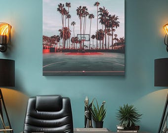 Basketball Court Canvas Print, Basketball Wall Art, Outdoor Courts Artwork, Palm Tree Basketball Court Art Home Decoration, Basketball Art