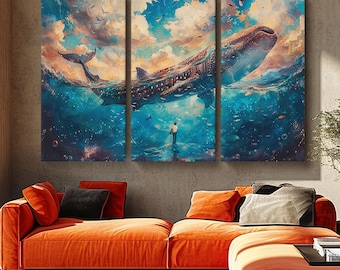 Decoración de pared de ballenas, impresión en lienzo de ballena de fantasía, arte de pared oceánico para dormitorio u oficina, arte de vida silvestre oceánica, impresión artística abstracta de océano con ballenas