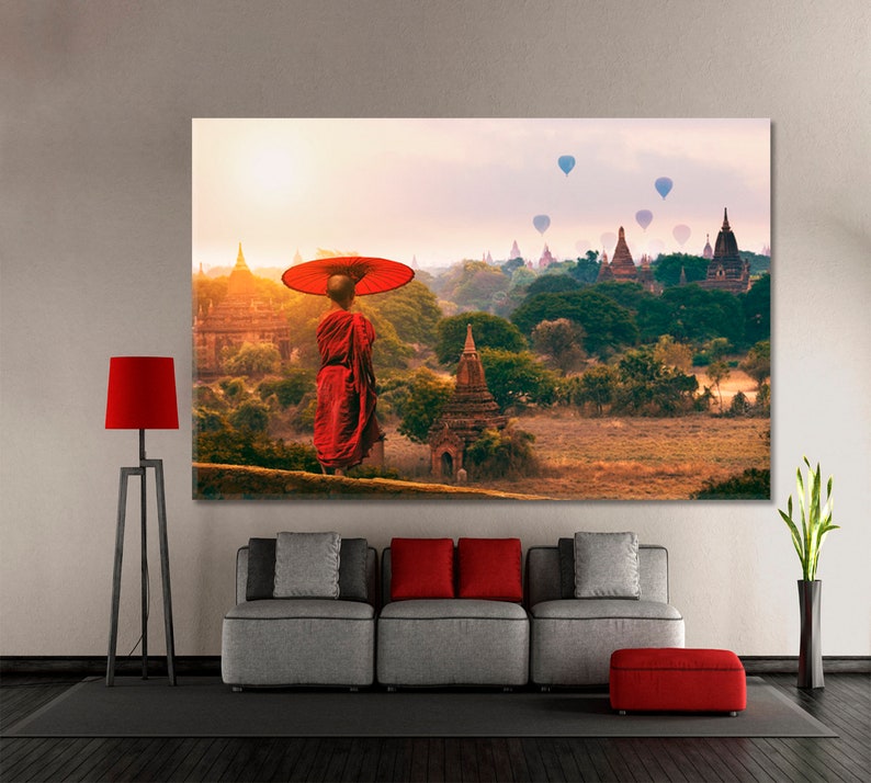 Buddhist Asia Bagan Novice Monk Artwork On Canvas, Old Pagoda Mandalay Landmark Poster Print, Ancient Architecture Wall Decor 1 Panel