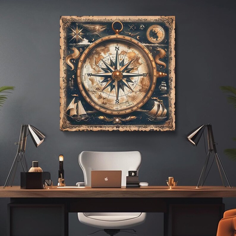 Vintage Nautical Compass Canvas Print, Compass Wall Art, Old World Map ...