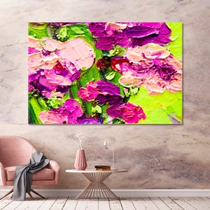 May include: Abstract painting of pink and purple flowers on a green background. The flowers are painted with thick, textured strokes.