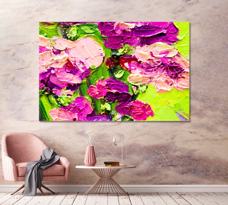 May include: Abstract painting of pink and purple flowers on a green background. The flowers are painted with thick, textured strokes.