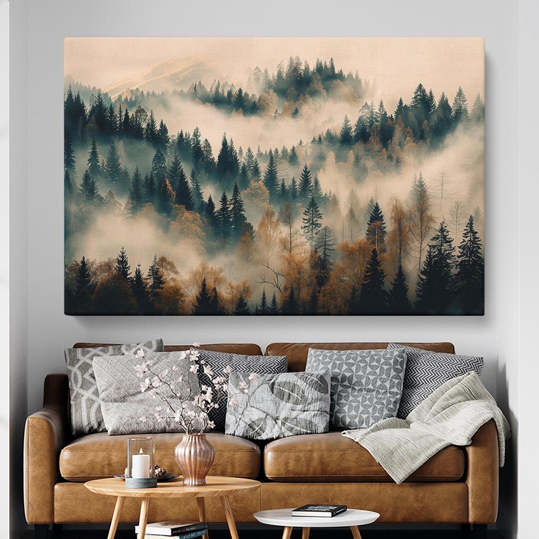 Misty Autumn Forest Canvas Print, Golden Foggy Mountain Landscape Wall ...