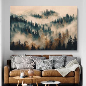 Nebliger Herbstwald Leinwanddruck, Goldene neblige Berglandschaft Wandkunst, Bäume Naturdekor, Nebliger Wald Kunstwerk, Waldkunstbild