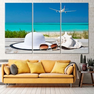 Sunny Beachside Essentials Canvas Print, Coastal Holiday Wall Art, Seashell and Sunglasses Decor, Relaxing Ocean View, Ready To Hang