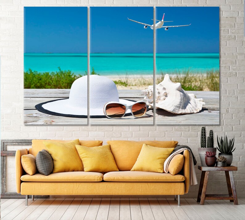 Sunny Beachside Essentials Canvas Print, Coastal Holiday Wall Art, Seashell and Sunglasses Decor, Relaxing Ocean View, Ready To Hang