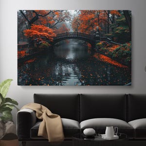 Herbst Park Brücke Leinwand Druck, Gelassene Kanal Wand Kunst, Lebendige Herbst Natur Dekor, Fertig zum Aufhängen, Perfektes Geschenk für Landschaftsliebhaber