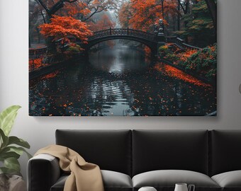 Impresión en lienzo de puente de parque otoñal, arte de pared de canal sereno, decoración de naturaleza otoñal vibrante, obra de arte lista para colgar, regalo perfecto para amantes de los paisajes.