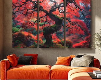 May include: A three-panel canvas print featuring a large, twisted tree with red leaves. The tree is the focal point of the image, with the background showing a forest of red and green foliage.