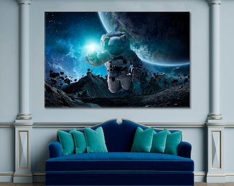 Space Travelers Wall Art Print, Astronaut Space Floating Planets Print Art Canvas, Cosmos Universe Celestial Canvas Print Trendy Modern Art