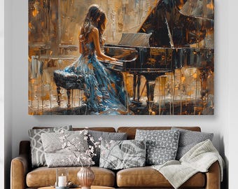 Frau spielt Klavier Wandkunst, Klavier Kunst, Musik Leinwand Druck, Elegante Klavierspielerin Großes Wanddekor, Pianisten gerahmter Druck, Klavier Kunstwerk