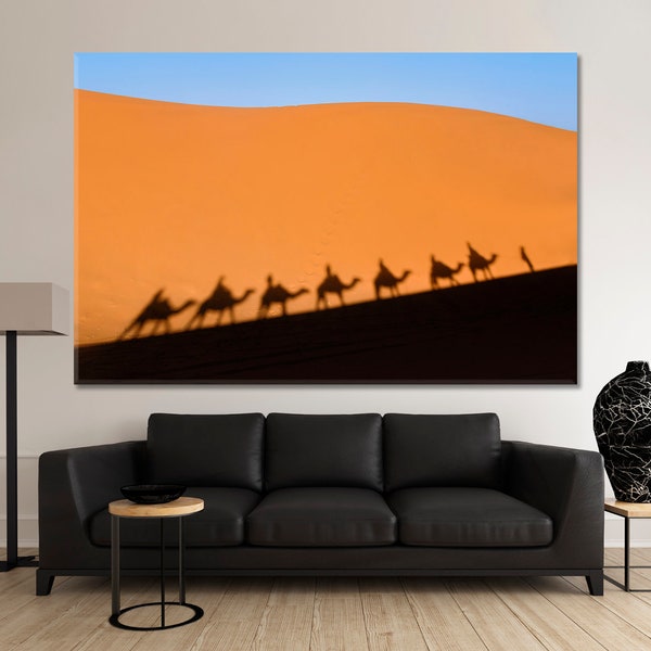 Aventure | Impression photo chameau désert du Sahara, impression sur toile Horizon désert du Sahara, décoration murale Afrique, grande toile impression décoration murale