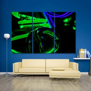 Abstract Neon Light Canvas Print, Brilliant Bright Green Neon Led Modern Abstract Wall Art, Abstraction Led Lights Extra Large Wall Decor