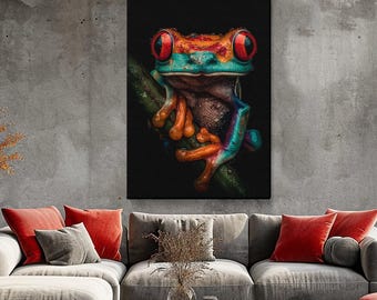 Red-Eyed Tree Frog Canvas Print, Vibrant Frog Artwork, Rainforest Wall Art for Office, Tree Frog Wall Hanging Decor, Gift for Nature Lovers