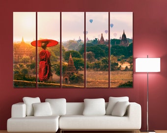 Buddhist | Asia Bagan Novice Monk Artwork On Canvas, Old Pagoda Mandalay Landmark Poster Print, Ancient Architecture Wall Decor