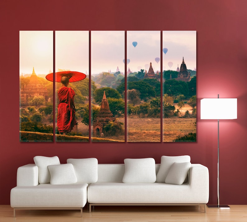 Buddhist Asia Bagan Novice Monk Artwork On Canvas, Old Pagoda Mandalay Landmark Poster Print, Ancient Architecture Wall Decor 5 Panels