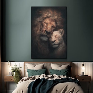 Lion Couple Close-Up Canvas Print, Wildlife Wall Art for Bedroom or Living Room, Gift for Couples and Animal Lovers, Lion Art Ptint
