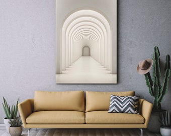 Op de afbeelding: Een witte en grijze abstracte kunstprint met een reeks bogen die naar een helderwitte ruimte leiden. De print is ingelijst en hangt aan een muur.
