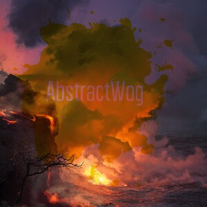 May include: A fiery orange and yellow abstract watercolor painting with the text "AbstractWog" in white.