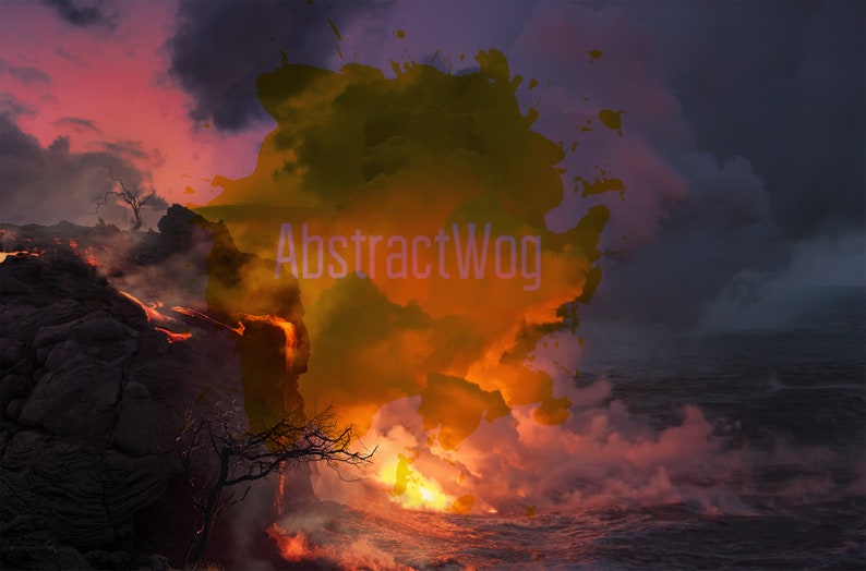 May include: A fiery orange and yellow abstract watercolor painting with the text "AbstractWog" in white.