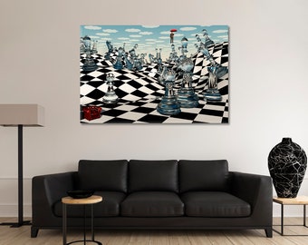 Fantasy Chess Surrealistic Art, Trendy Abstraction Poster Print, Digital Art Canvas Print, Chessboard Abstract Mystery Art Fantasy Chess