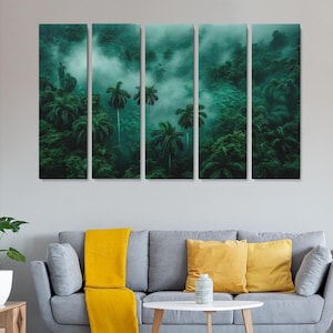 Zielona dżungla Palma Płótno Druk, Mglisty Las Deszczowy Ścienna Sztuka do Sypialni lub Biura, Natura Duży Art Print, Las Dekoracja Sztuka