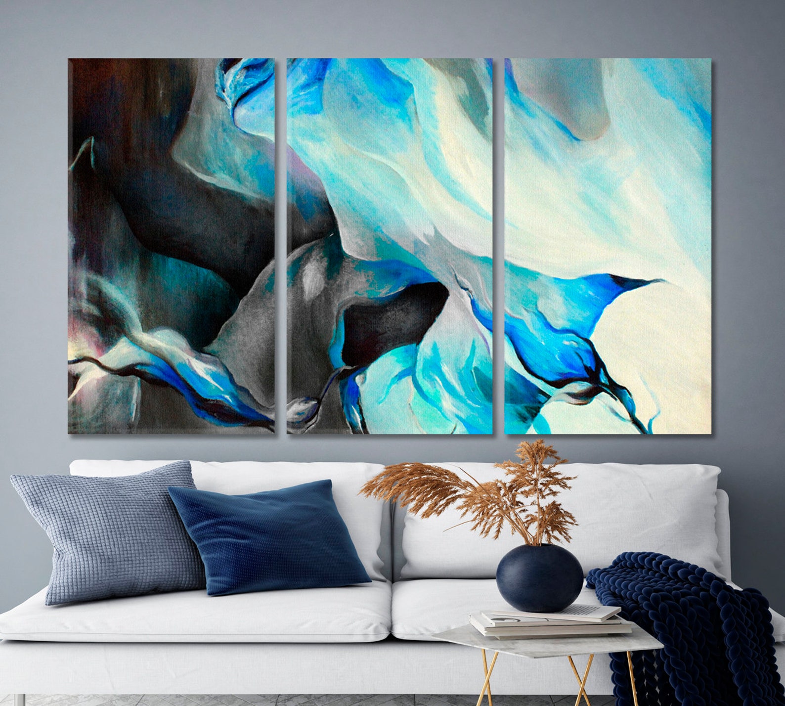 Bright Blue and Gray Abstract Wall Art Décor Home Wall Etsy