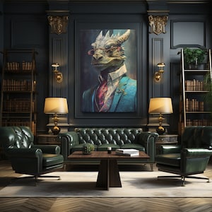 Dragon in Suit Canvas Print, Mythical Creature Chic Wall Art, Unique Fantasy Decor, Perfect Gift for Dreamers