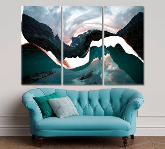 Abstract Nature Wall Art, Unity With Nature Abstract Art Print, Double Exposure Art Print, Couple and Mountains Wall Art, Kiss Large Decor