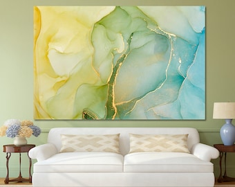 May include: Abstract art print with swirling green, blue, and gold colors. The print features a marbled effect with gold accents.