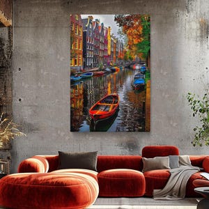 Amsterdam Canal Canvas Print, Amsterdam Canal Boats Wall Art, Amsterdam Boats Art, Boats Home and Office Decor, Amsterdam  Wall Decor