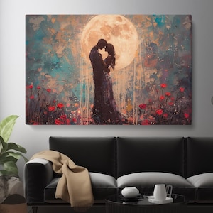Love Art Print, Romantic Full Moon Couple Canvas Print, Dreamy Lovers Wall Art, Bedroom & Living Room Decor, Anniversary or Wedding Gift