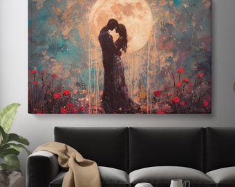 Lámina de arte de amor, lienzo romántico de pareja bajo la luna llena, arte de pared para amantes soñadores, decoración para dormitorio y sala de estar, regalo de aniversario o boda.