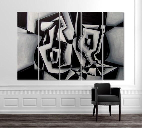 CUBISM Wall Art, B&W Bottle And Abstract Modern Cubist Style Wall Art Canvas Print, Trendy Large Canvas Print , Abstract Wall Art Decoration