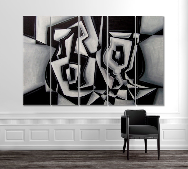 May include: Abstract art painting in black and white with geometric shapes. The painting is divided into five panels.