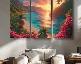 May include: A three-panel canvas print depicting a tropical beach scene with lush green foliage, a sandy shore, and turquoise water. The sun is setting over the horizon, casting a warm glow on the scene. Pink flowers are blooming in the foreground.