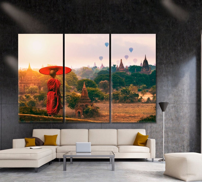 Buddhist Asia Bagan Novice Monk Artwork On Canvas, Old Pagoda Mandalay Landmark Poster Print, Ancient Architecture Wall Decor 3 Panels