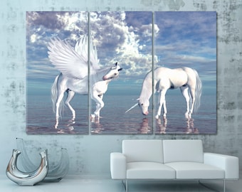 Fantasy Einhorn Pegasus Kunst, Märchen Mysteriöse Pferde Leinwanddruck Kunst, Panorama Seelandschaft Poster Leinwanddruck Großes Wanddekor