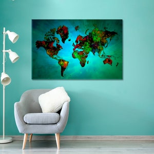 Wereldkaart kunst aan de muur, aarde abstract schilderij, kleurrijke wereldkaart print, extra grote kaart op canvas print, wereldkaart poster, kaart multipaneel