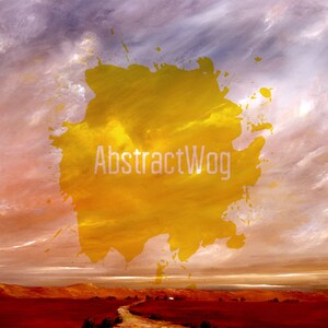 May include: A yellow watercolor splatter with the text "AbstractWog" on a background of pink and purple clouds. The bottom of the image shows a red landscape with a path leading to a small house.