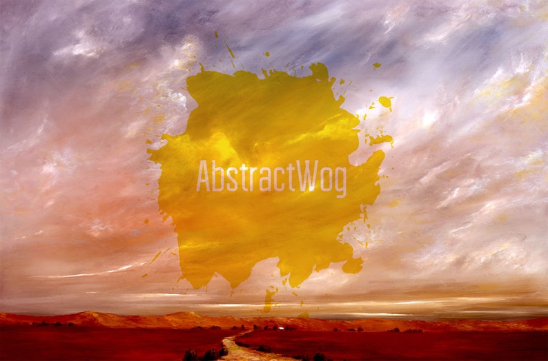 May include: A yellow watercolor splatter with the text "AbstractWog" on a background of pink and purple clouds. The bottom of the image shows a red landscape with a path leading to a small house.