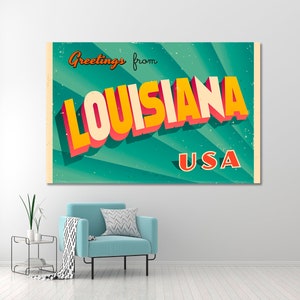 Louisiana State Wall Art, Vintage Tourist USA Greeting On Canvas Print, Louisiana Wall Art, Louisiana Patriotic Wall Decor, Louisiana Print
