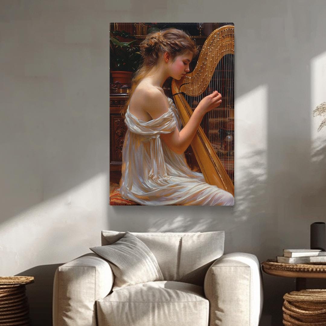 Harp Wall Art, Woman Playing Harp Canvas Print, Classical Music