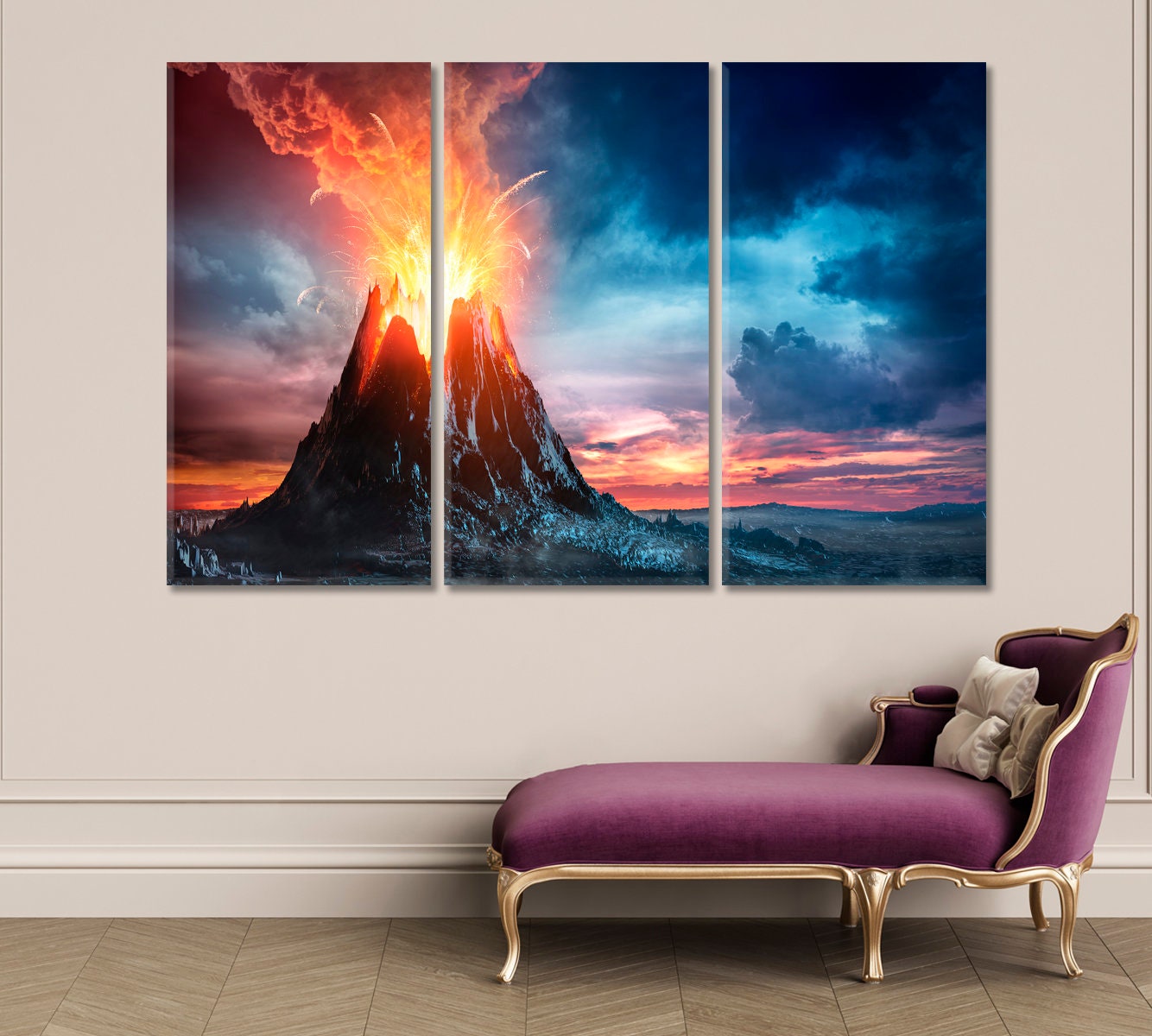 噴火する火山の巨大な噴火ポスタープリント、活火山の溶岩の噴煙アート