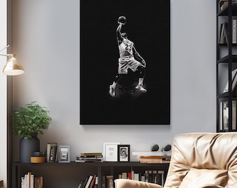 Basketball Slam Dunk Canvas Print, Black and White Sports Wall Art, Gym Decor, High-Flying Basketball Slam Dunk Framed Wall Decor