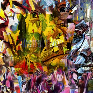 May include: Abstract painting with a colorful, geometric design. The painting features multiple faces with eyes, noses, and mouths. The faces are fragmented and overlapping, creating a sense of depth and movement.