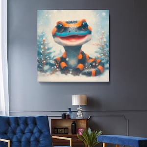 Eidechse Leinwanddruck, lächelnde gestreifte Eidechse, modernes Dekor, Winter Wandkunst für Kinderzimmer, Tierdrucke Fantasy Wandkunst